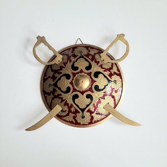 Turkish enamel hand painted brass wall plaque shiel and swords. - Picture 2 of 5